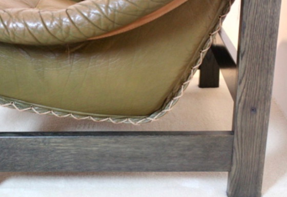 Image 1 of Brazilian Oak & Olive Green Leather 3-Seat Sofa by Jean Gillon