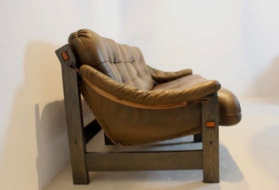 Image 1 of Brazilian Oak & Olive Green Leather 3-Seat Sofa by Jean Gillon