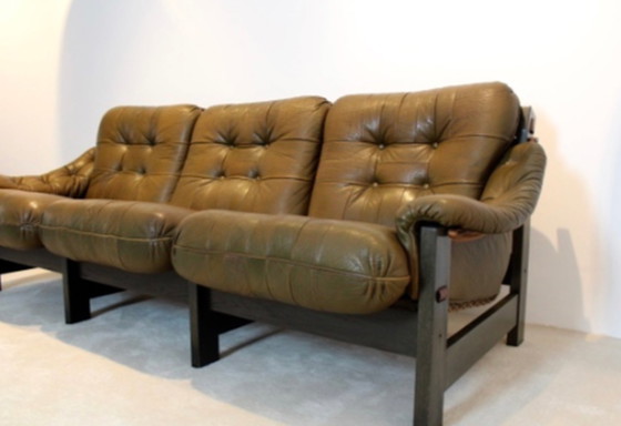 Image 1 of Brazilian Oak & Olive Green Leather 3-Seat Sofa by Jean Gillon