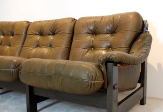 Image 1 of Brazilian Oak & Olive Green Leather 3-Seat Sofa by Jean Gillon