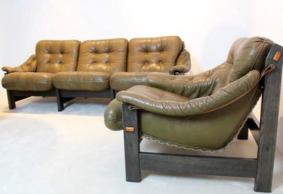 Image 1 of Brazilian Oak & Olive Green Leather 3-Seat Sofa by Jean Gillon