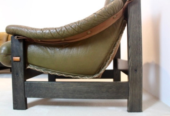 Image 1 of Brazilian Oak & Olive Green Leather 3-Seat Sofa by Jean Gillon