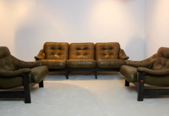 Image 1 of Brazilian Oak & Olive Green Leather 3-Seat Sofa by Jean Gillon