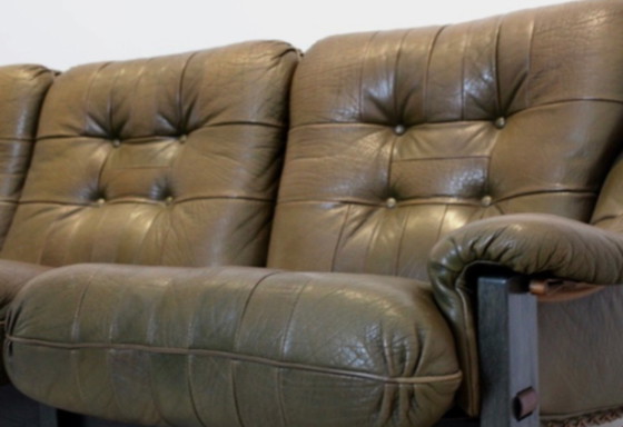 Image 1 of Brazilian Oak & Olive Green Leather 3-Seat Sofa by Jean Gillon