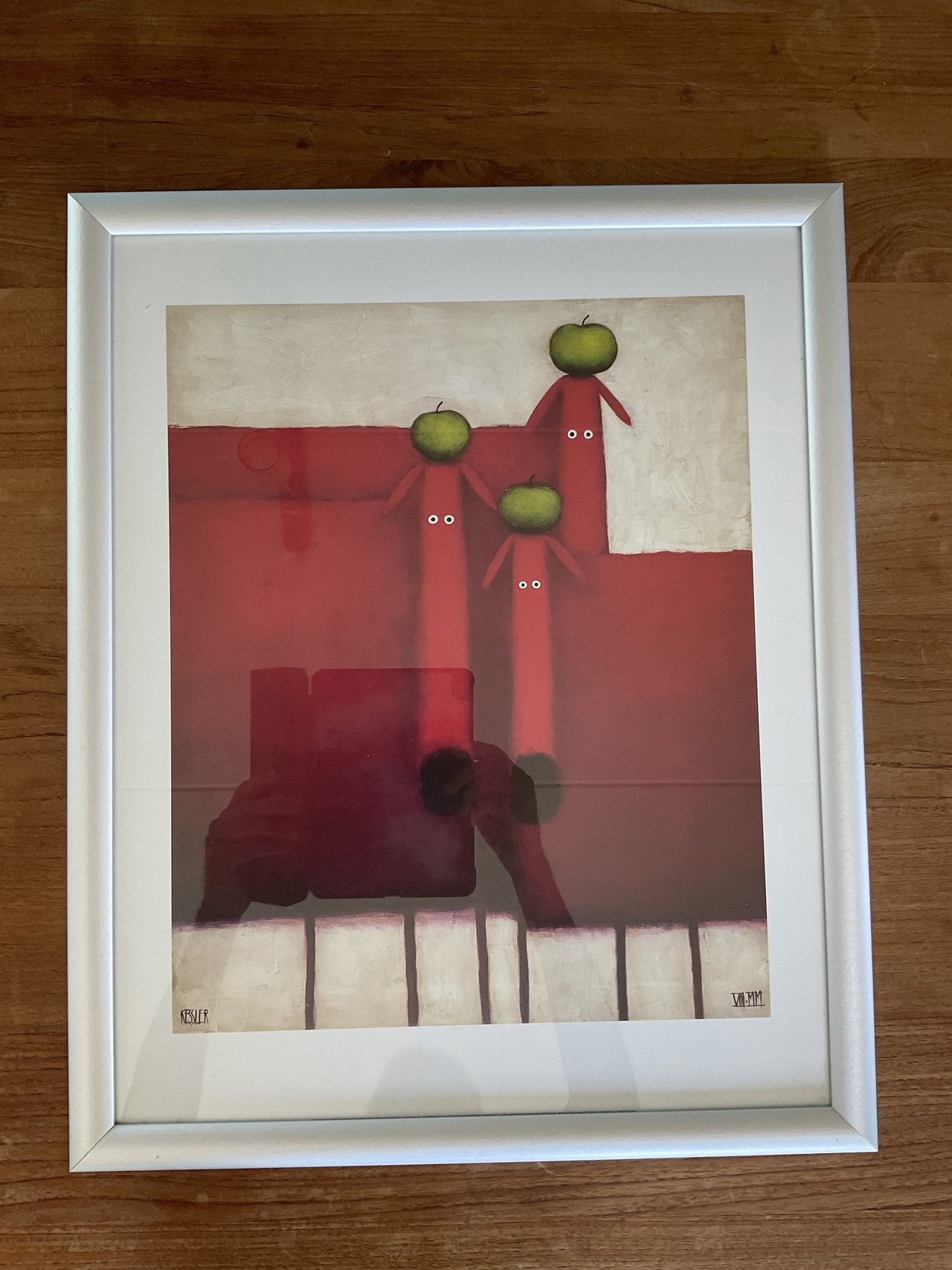 Kessler art - three red dogs with apples