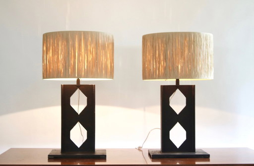 Brutalist "totem" lamps, primitive design, patinated steel and raffia