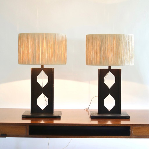 Brutalist "totem" lamps, primitive design, patinated steel and raffia