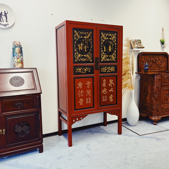 Image 1 of Chinese Cabinet In Red And Black