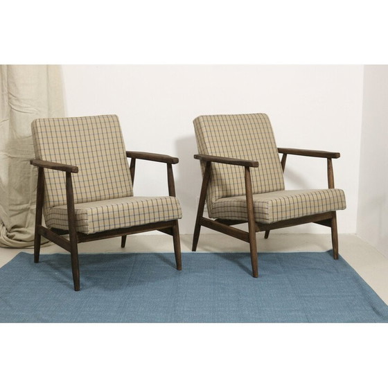 Image 1 of Pair of vintage armchairs in wood and checkered fabric by Henryk Lis, 1970s