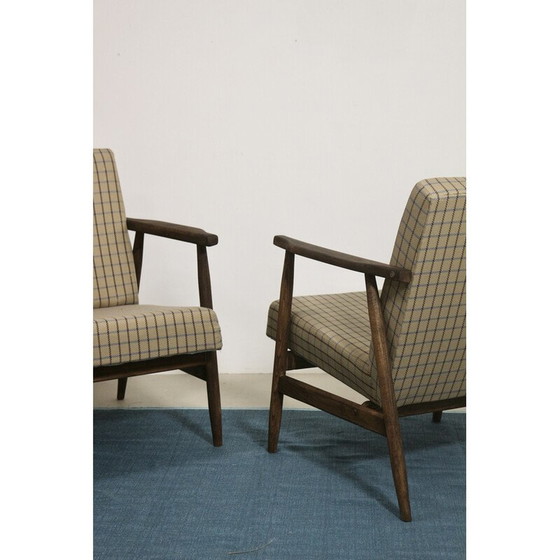 Image 1 of Pair of vintage armchairs in wood and checkered fabric by Henryk Lis, 1970s