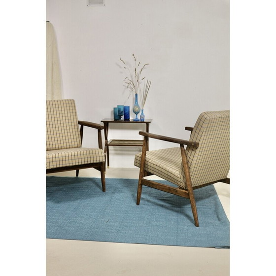 Image 1 of Pair of vintage armchairs in wood and checkered fabric by Henryk Lis, 1970s