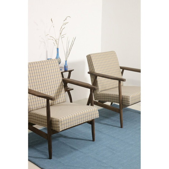 Image 1 of Pair of vintage armchairs in wood and checkered fabric by Henryk Lis, 1970s