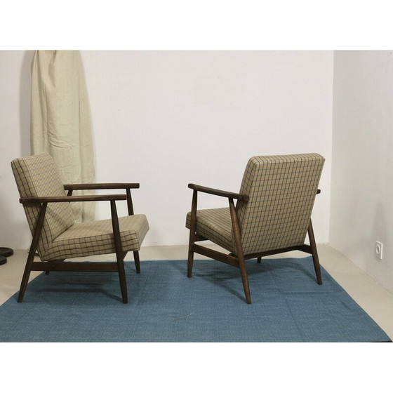 Image 1 of Pair of vintage armchairs in wood and checkered fabric by Henryk Lis, 1970s