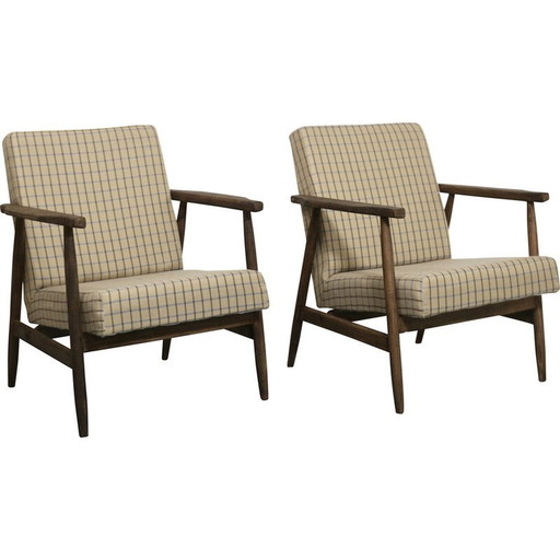 Pair of vintage armchairs in wood and checkered fabric by Henryk Lis, 1970s