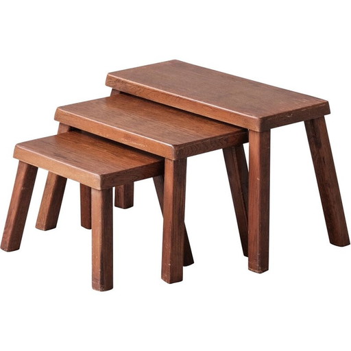 Vintage rectangular oakwood nesting tables, Belgium 1970s