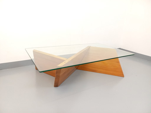 Vintage Rectangular Solid Elm And Glass Coffee Table From The 80s