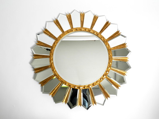 Grand miroir doré italien XXL Regency Sunburst - diamètre 93 cm