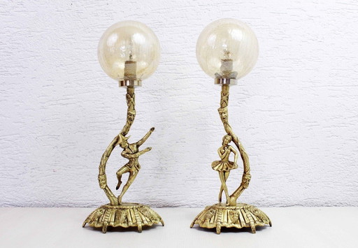 2X Commedia Dell'Arte Lamps In Bronze And Glass, 20Th Century