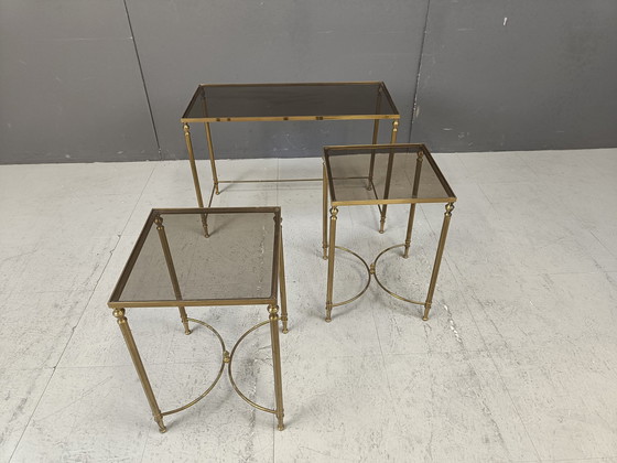 Image 1 of Gilt Metal Neoclassical Coffee Table Set In The Manner Of Maison Jansen, 1960S