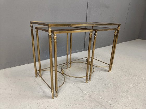 Image 1 of Gilt Metal Neoclassical Coffee Table Set In The Manner Of Maison Jansen, 1960S