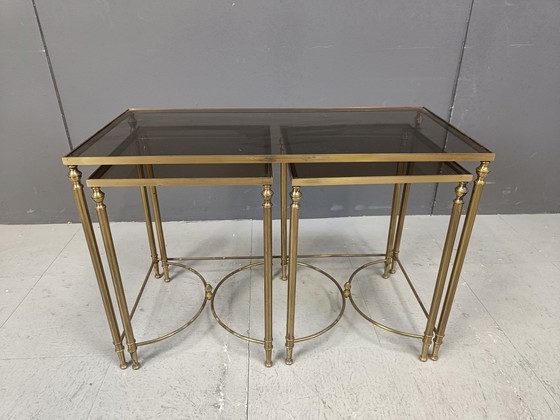 Image 1 of Gilt Metal Neoclassical Coffee Table Set In The Manner Of Maison Jansen, 1960S