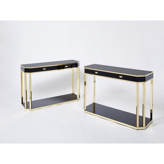 Image 1 of Pair of vintage black lacquered and brass consoles by Jean-Claude Mahey for Maison Romeo, 1970s