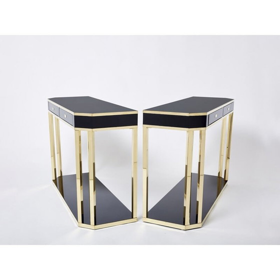 Image 1 of Pair of vintage black lacquered and brass consoles by Jean-Claude Mahey for Maison Romeo, 1970s