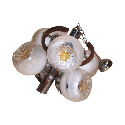Vintage chandelier in blown glass and chromed metal, Italy 1970