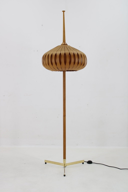 1970S Floor Lamp With Veneer Lamp Shade ,Czechoslovakia