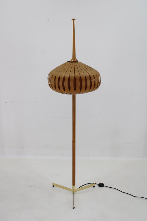 1970S Floor Lamp With Veneer Lamp Shade ,Czechoslovakia