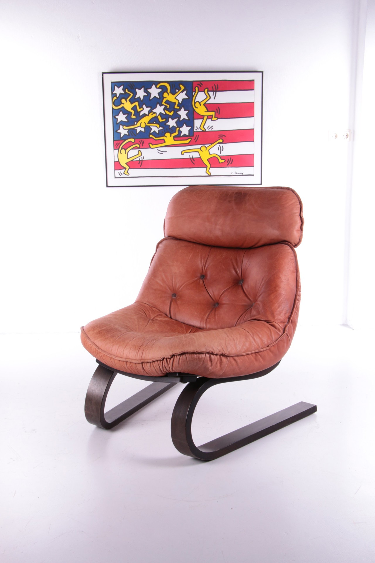 Vintage Brazilian Armchair with Cognac color leather seat cushion 70s. 1 295 Whoppah