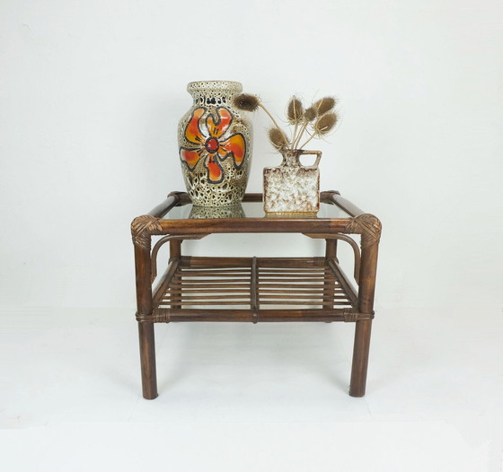 Image 1 of no 1 of 2: 1970s SIDE TABLE coffee table bamboo wicker glass