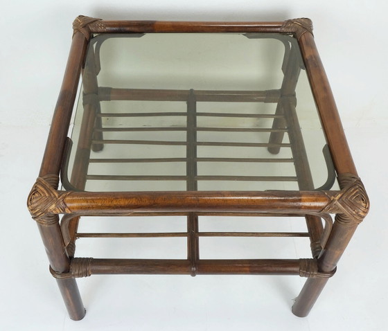 Image 1 of no 1 of 2: 1970s SIDE TABLE coffee table bamboo wicker glass