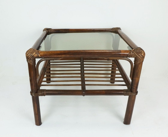 Image 1 of no 1 of 2: 1970s SIDE TABLE coffee table bamboo wicker glass