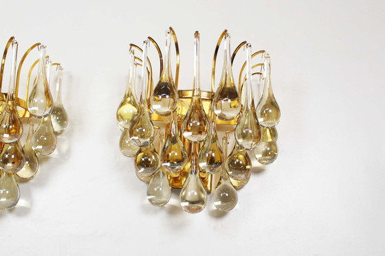 Image 1 of 2X Vintage Brass And Teardrop Glass Sconces By Christophe Palme