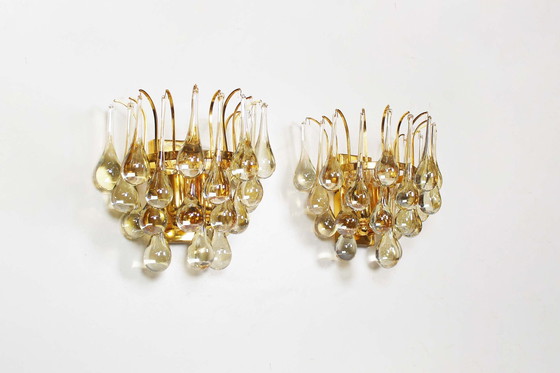 Image 1 of 2X Vintage Brass And Teardrop Glass Sconces By Christophe Palme