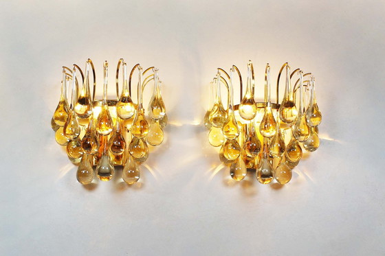 Image 1 of 2X Vintage Brass And Teardrop Glass Sconces By Christophe Palme