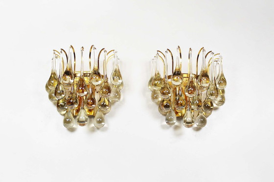 Image 1 of 2X Vintage Brass And Teardrop Glass Sconces By Christophe Palme