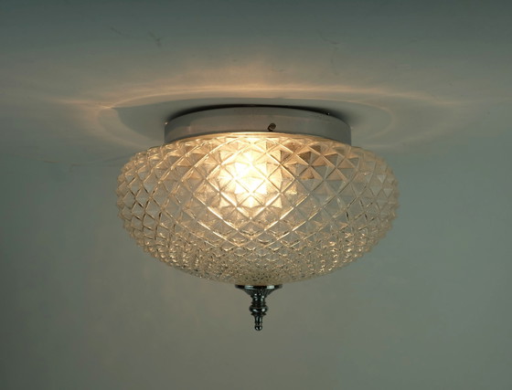 Image 1 of Vintage Glass Ceiling Lamp Textured Glass And Chrome 1970S