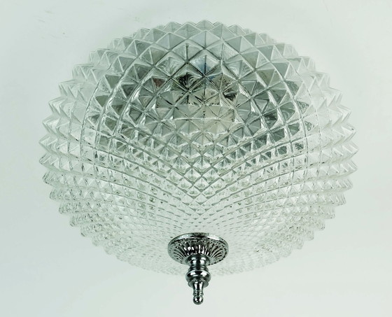 Image 1 of Vintage Glass Ceiling Lamp Textured Glass And Chrome 1970S