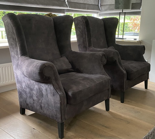 2x Modern ear chairs dark gray velour