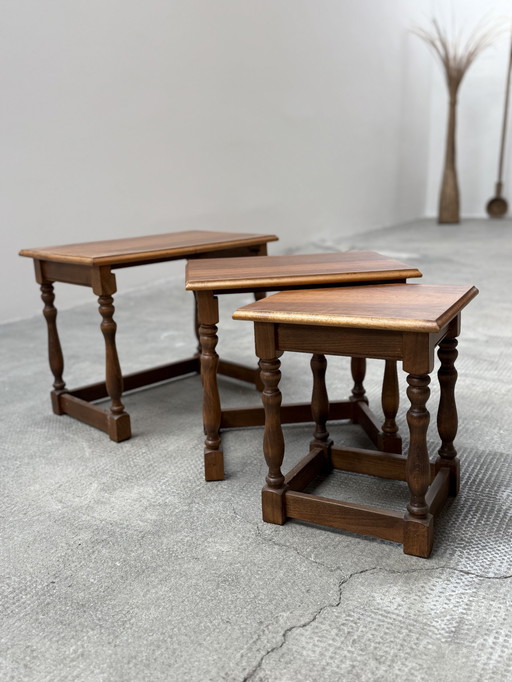 Set of 3 side tables Stacking table Coffee table wood Walnut, Germany 1950s