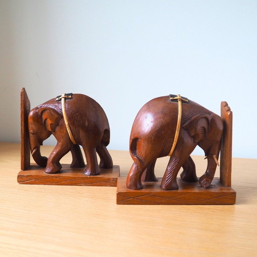 1970S Hand-Carved Wooden Elephant Bookends