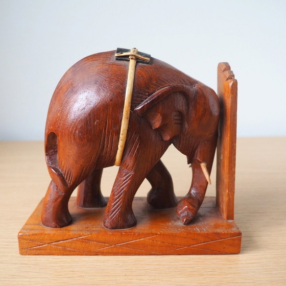 Image 1 of 1970S Hand-Carved Wooden Elephant Bookends