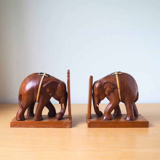 1970S Hand-Carved Wooden Elephant Bookends