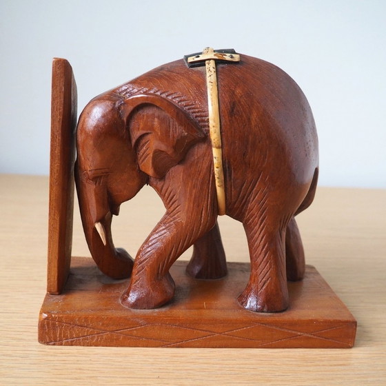 Image 1 of 1970S Hand-Carved Wooden Elephant Bookends