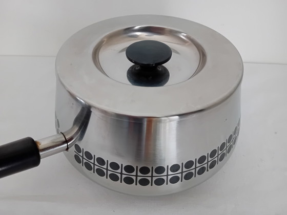 Image 1 of Swiss Sigg Fondue Set Stainless Steel With Black Polka Dot Pattern