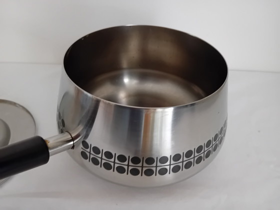 Image 1 of Swiss Sigg Fondue Set Stainless Steel With Black Polka Dot Pattern