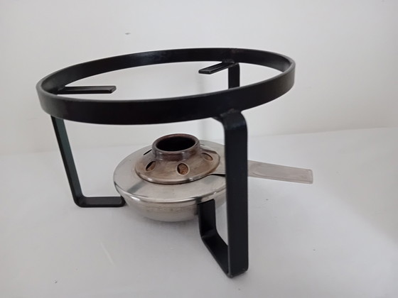 Image 1 of Swiss Sigg Fondue Set Stainless Steel With Black Polka Dot Pattern