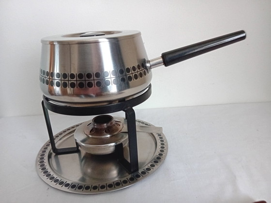 Image 1 of Swiss Sigg Fondue Set Stainless Steel With Black Polka Dot Pattern